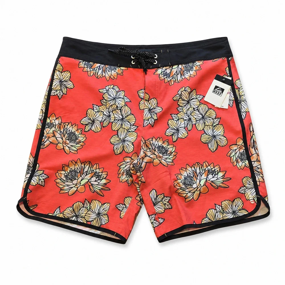 Reef Tanner Board Shorts Fixed Waist Mens Size 38 Paprika Floral Stretch NWT